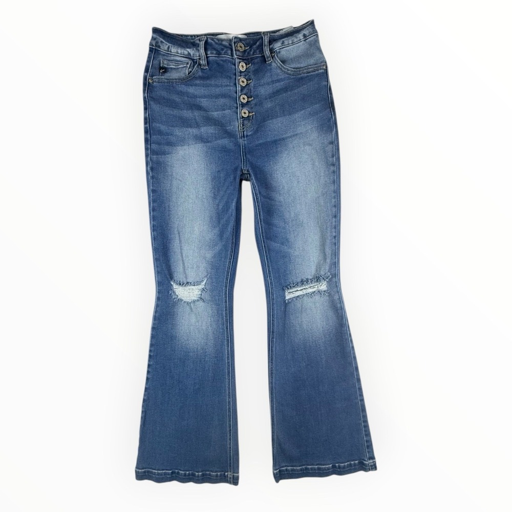 Kancan Flare Jeans Womens 9/28 Blue Petite Distressed Button Fly